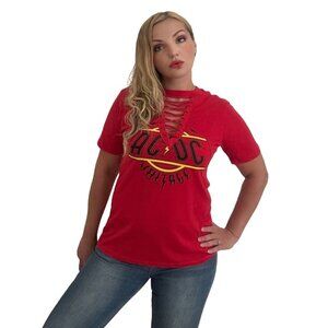 Licensed AC/DC VOLTAGE fashion T-shirt with a lace-up choker V-neck M,L,XL,RED